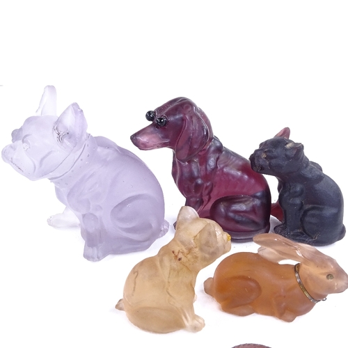 189 - A group of moulded coloured glass Bulldogs and other animals, purple glass Bulldog height 7cm