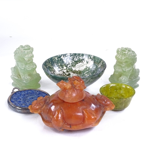 191 - A group of Chinese jade and hardstone carvings, including a floral carved stone pot and cover, 8cm a... 