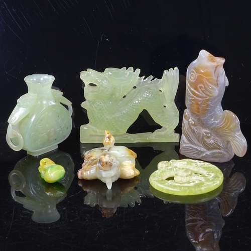 192 - A group of Chinese jade and hardstone carvings, including a jade 2-handled vase, height 6cm