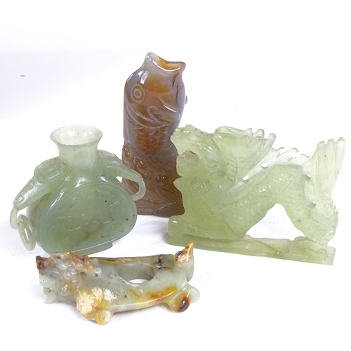 192 - A group of Chinese jade and hardstone carvings, including a jade 2-handled vase, height 6cm