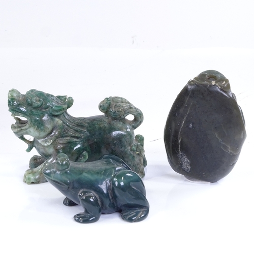 193 - 3 Chinese carved green hardstone animals, dragon length 8cm