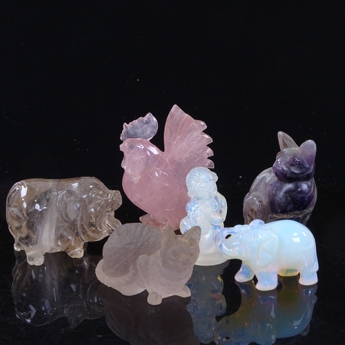 195 - A group of crystal opalescent glass and hardstone carvings, including a rose quartz cockerel, height... 