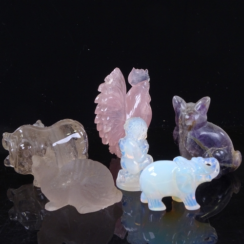 195 - A group of crystal opalescent glass and hardstone carvings, including a rose quartz cockerel, height... 