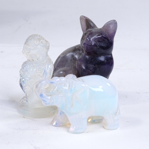 195 - A group of crystal opalescent glass and hardstone carvings, including a rose quartz cockerel, height... 