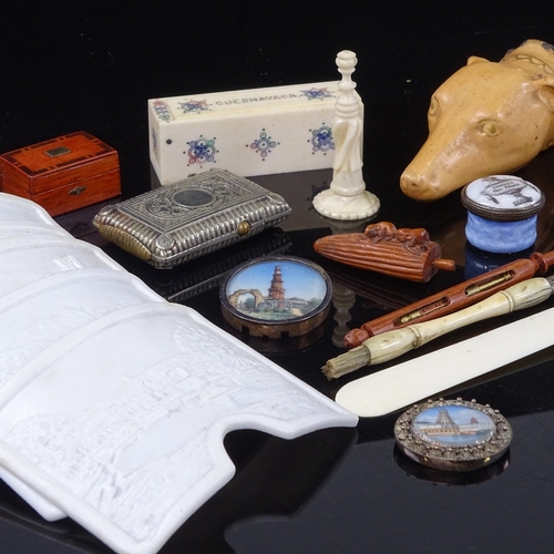 196 - A mixed group of items, including miniature circular enamel box, 2cm across, lithophane curved panel... 