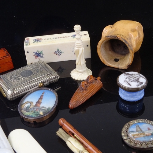 196 - A mixed group of items, including miniature circular enamel box, 2cm across, lithophane curved panel... 