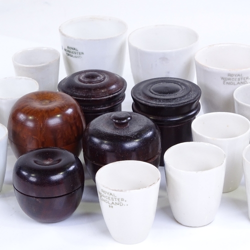 197 - A group of 5 small treen pots, largest height 4cm, and a group of Royal Worcester ceramic thimble sh... 