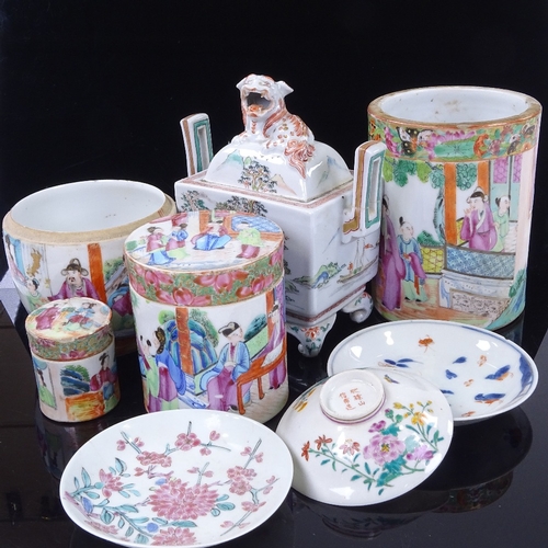 199 - A group of Chinese porcelain items, including a rectangular pot and cover with dragon knop, height 1... 