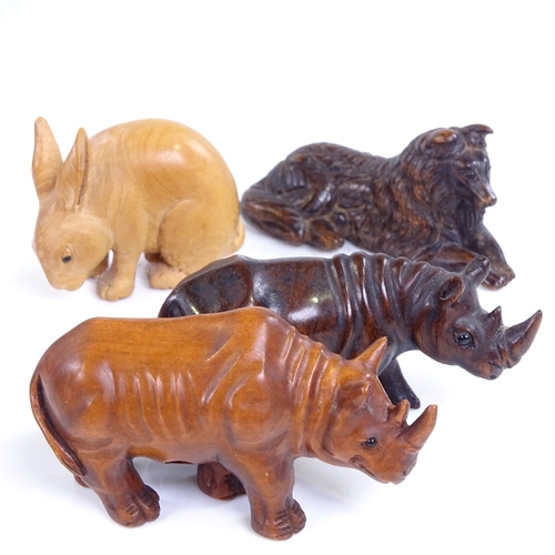 223 - 4 Japanese carved wood animal netsuke, including 2 signed rhino, length 6.5cm