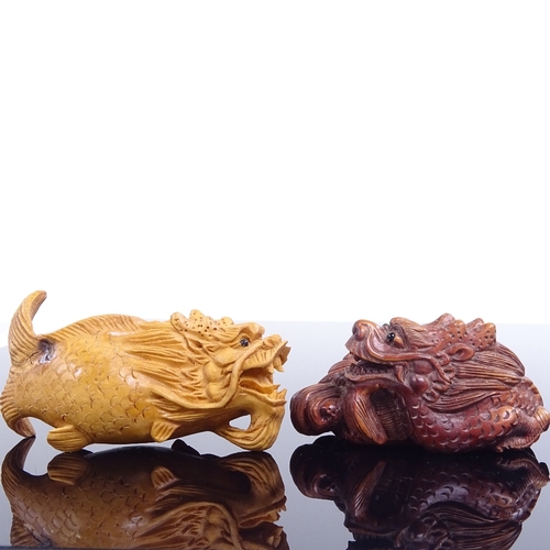 225 - 2 Japanese carved wood dragon design netsuke, largest length 6.5cm