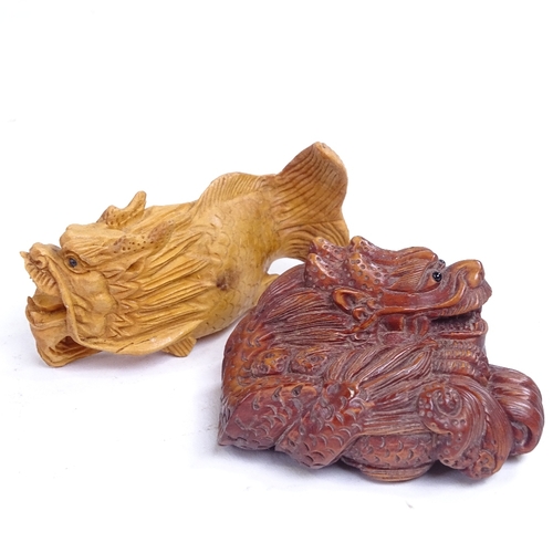 225 - 2 Japanese carved wood dragon design netsuke, largest length 6.5cm