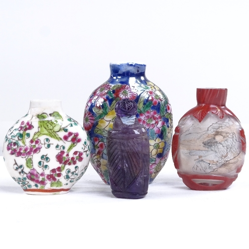 227 - A group of Chinese porcelain stone and Peking glass snuff bottles, largest blue and white bottle hei... 