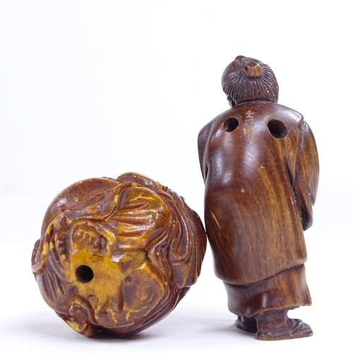 232 - 3 Japanese carved wood netsuke, largest figure height 6cm (3)