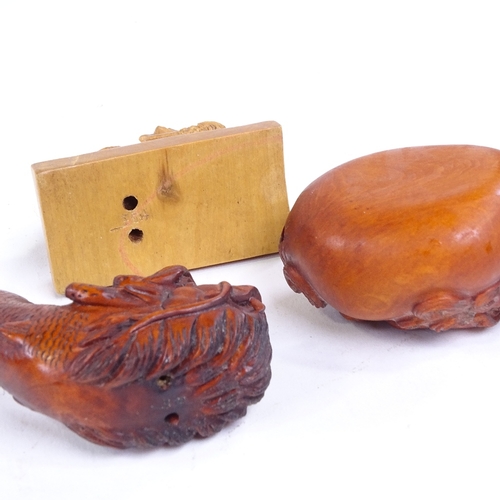 233 - 3 Japanese carved wood dragon design netsuke, including a dragon fish, length 6.5cm (3)