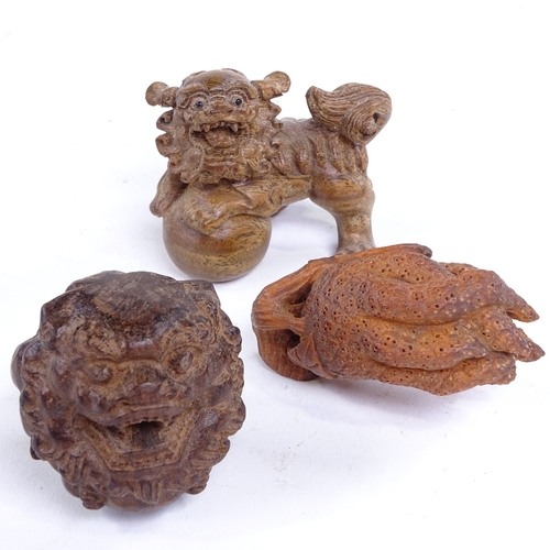 234 - 3 Japanese carved wood dragon and plant design netsuke, including a dragon with ball, length 6cm