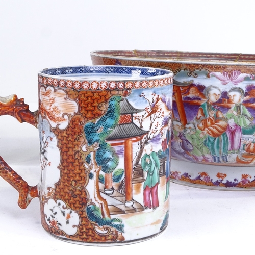 239 - A Chinese famille rose porcelain bowl, 29cm across, and an 18th century porcelain pint mug (2) (A/F)