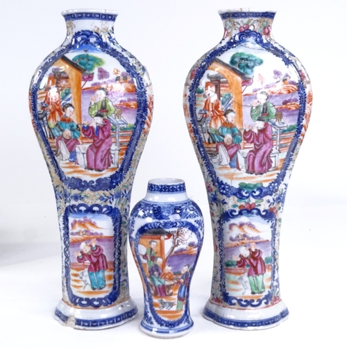 254 - A pair of Chinese porcelain vases with hand painted decoration, height 28.5cm, and a similar smaller... 