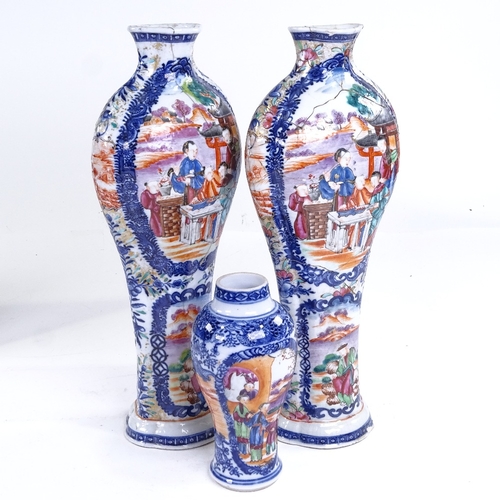 254 - A pair of Chinese porcelain vases with hand painted decoration, height 28.5cm, and a similar smaller... 