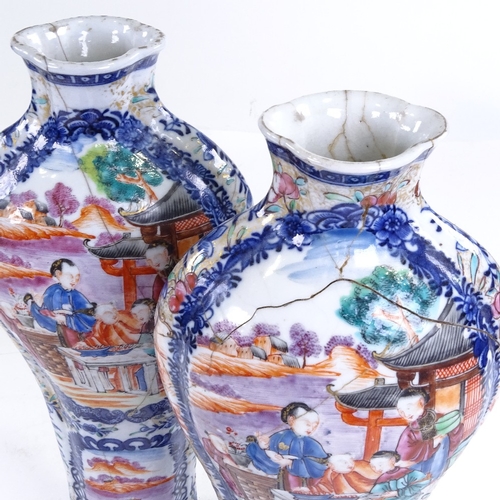 254 - A pair of Chinese porcelain vases with hand painted decoration, height 28.5cm, and a similar smaller... 