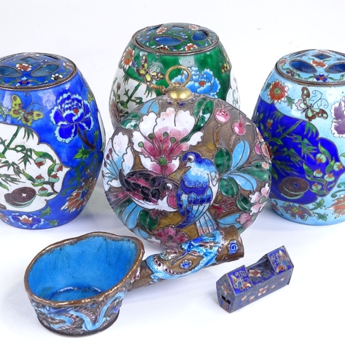 255 - A set of 3 Chinese cloisonne enamel barrel shaped pots and covers, height 10.5cm, and 2 other cloiso... 