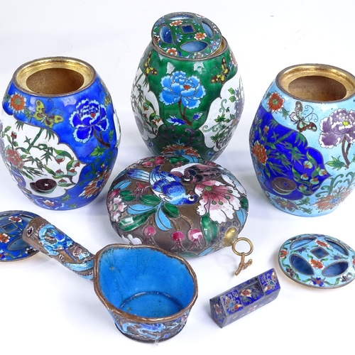 255 - A set of 3 Chinese cloisonne enamel barrel shaped pots and covers, height 10.5cm, and 2 other cloiso... 