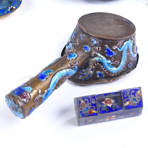 255 - A set of 3 Chinese cloisonne enamel barrel shaped pots and covers, height 10.5cm, and 2 other cloiso... 