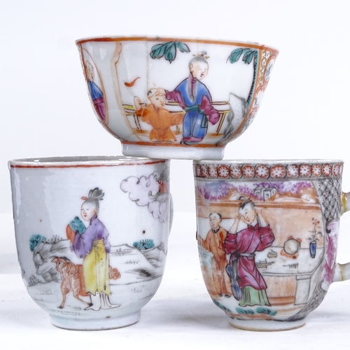 256 - A group of Chinese porcelain teapots and cups, including a fruit design Cadogan teapot, height 12cm