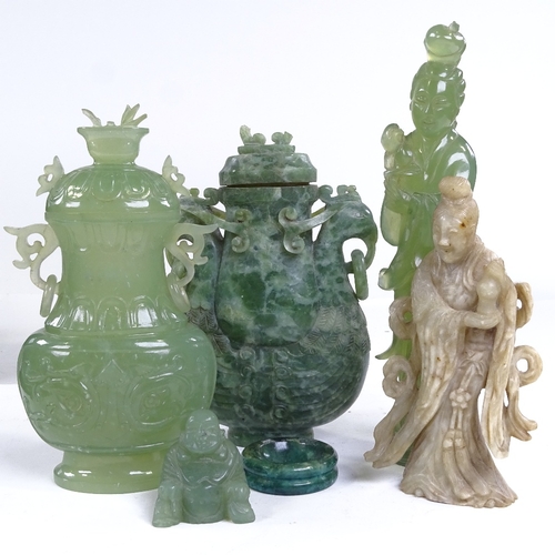 258 - A group of Chinese jade soapstone and hardstone carvings, including 2 pots and covers, height 19cm