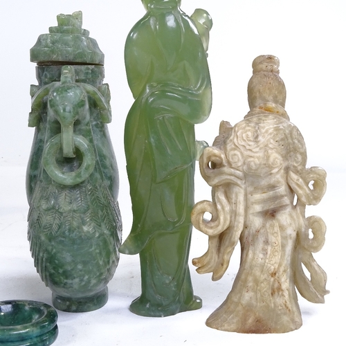 258 - A group of Chinese jade soapstone and hardstone carvings, including 2 pots and covers, height 19cm