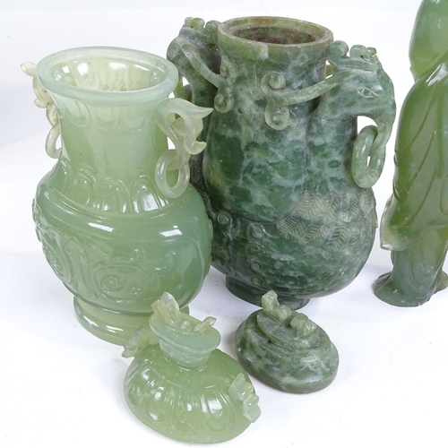 258 - A group of Chinese jade soapstone and hardstone carvings, including 2 pots and covers, height 19cm