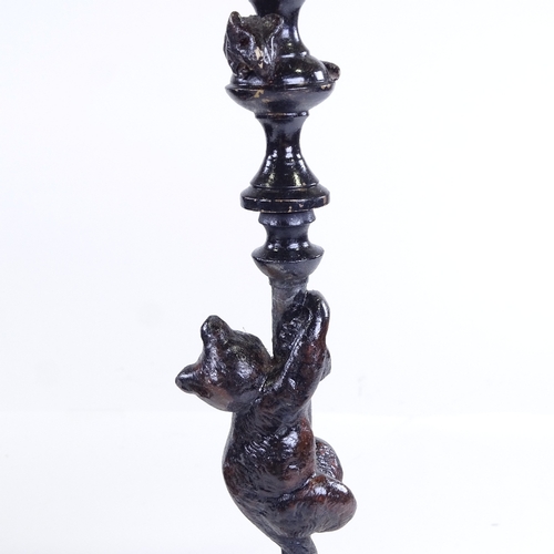 259 - A patinated bronze bear with cat on a pole, on marble base, height 32cm