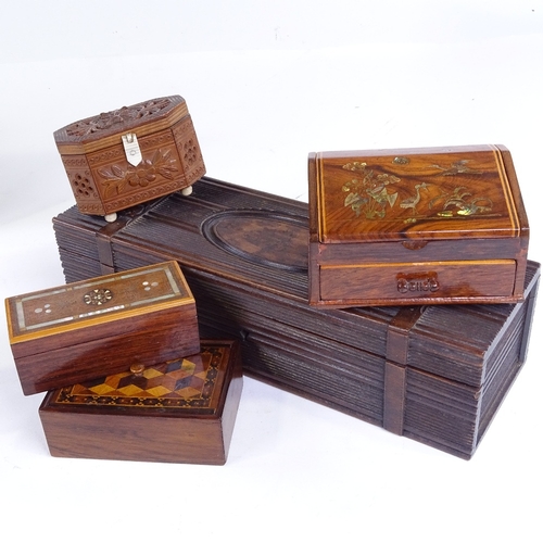 266 - A group of boxes, including a Tunbridge Ware inlaid wood box, length 10cm, a Continental box with si... 