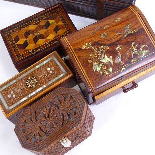 266 - A group of boxes, including a Tunbridge Ware inlaid wood box, length 10cm, a Continental box with si... 