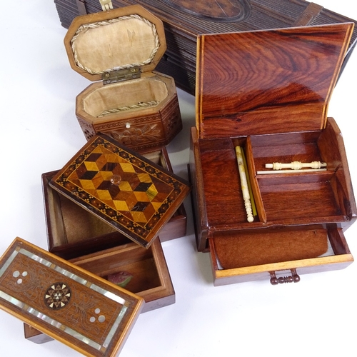 266 - A group of boxes, including a Tunbridge Ware inlaid wood box, length 10cm, a Continental box with si... 