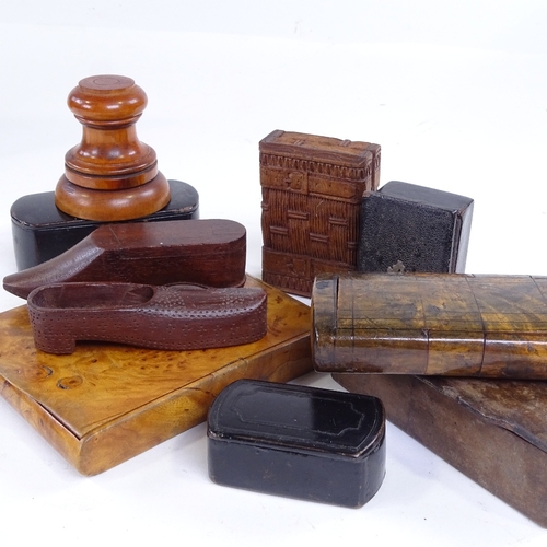 268 - A group of treen snuffboxes, a shoe design box with swivel lid, length 8.5cm, a carved wood box with... 