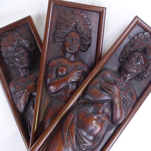 271 - A set of 3 17th/18th century relief carved wood standing Classical figure wall panels, largest heigh... 