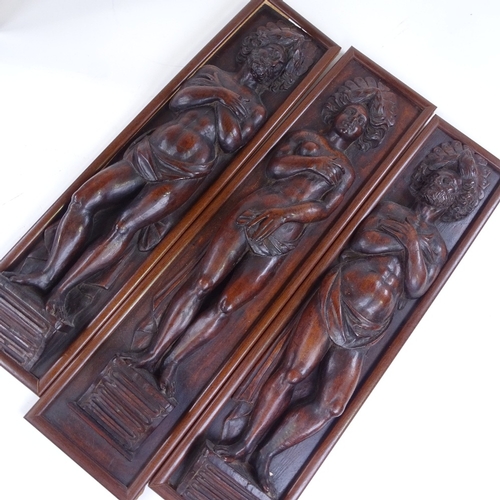 271 - A set of 3 17th/18th century relief carved wood standing Classical figure wall panels, largest heigh... 