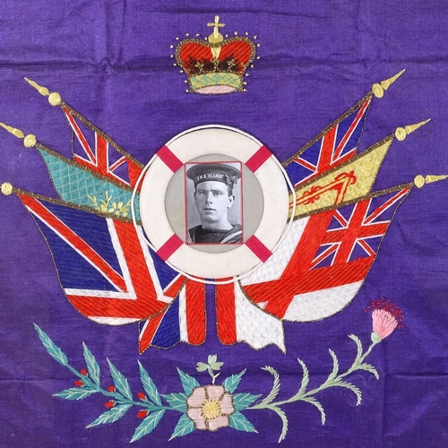 320 - A First World War Navy silk embroidered flag design picture, with inset photograph, modern frame, ov... 