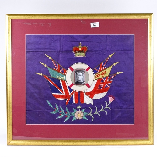 320 - A First World War Navy silk embroidered flag design picture, with inset photograph, modern frame, ov... 