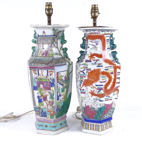 364 - 2 Chinese porcelain table lamps with painted enamel decoration, converted to electric, height to rim... 