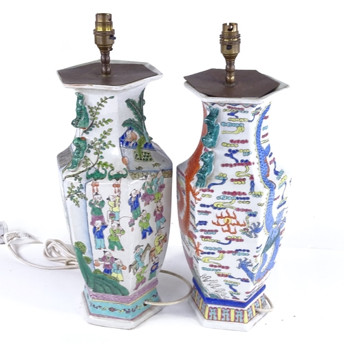 364 - 2 Chinese porcelain table lamps with painted enamel decoration, converted to electric, height to rim... 