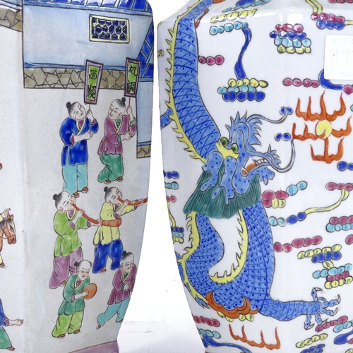 364 - 2 Chinese porcelain table lamps with painted enamel decoration, converted to electric, height to rim... 