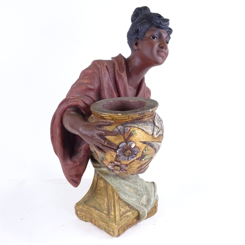 367 - GOLDSCHEIDER - painted pottery figure of a woman holding a jardiniere, Uriela, pattern no. 1258, hei... 