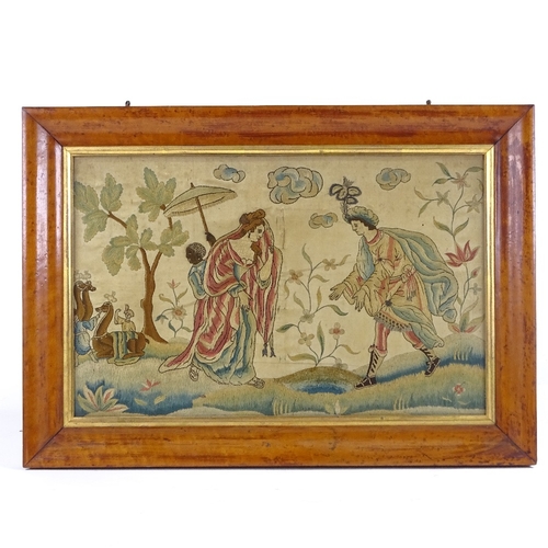 371 - An 18th century silk needlework embroidery, depicting Oriental figures with camels, maple frame, ove... 