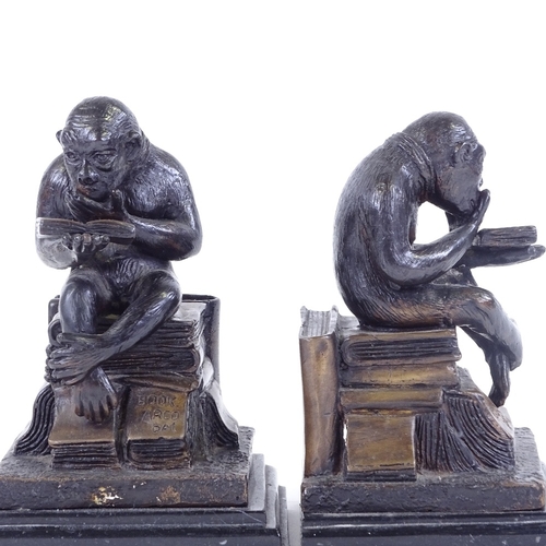 388 - After Bonheur, pair of patinated bronze monkey design bookends on marble bases, modern, height 20cm