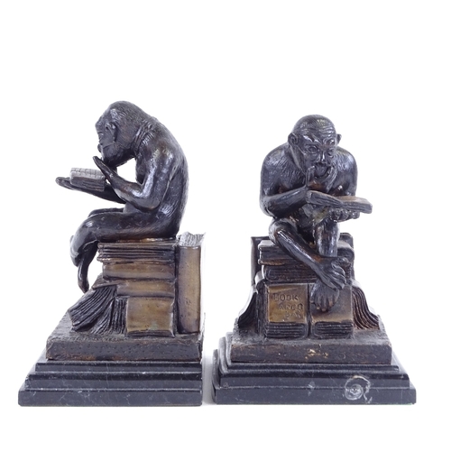 388 - After Bonheur, pair of patinated bronze monkey design bookends on marble bases, modern, height 20cm