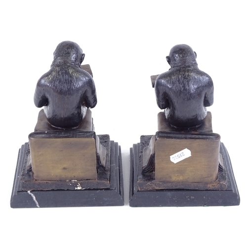 388 - After Bonheur, pair of patinated bronze monkey design bookends on marble bases, modern, height 20cm