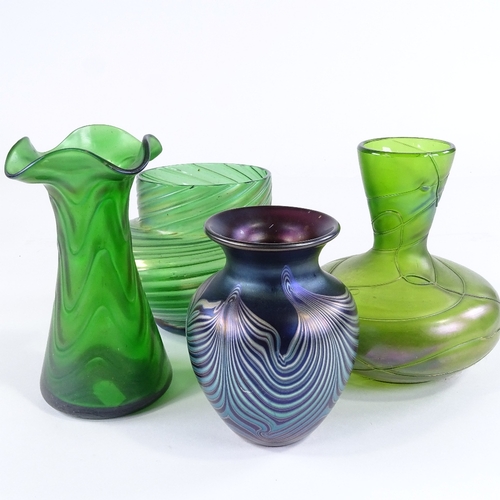 417 - 3 pieces of Loetz iridescent green glass, largest height 15.5cm, and an Okra iridescent glass vase, ... 