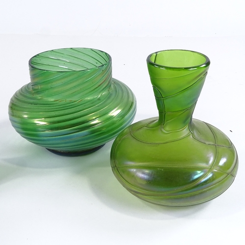 417 - 3 pieces of Loetz iridescent green glass, largest height 15.5cm, and an Okra iridescent glass vase, ... 