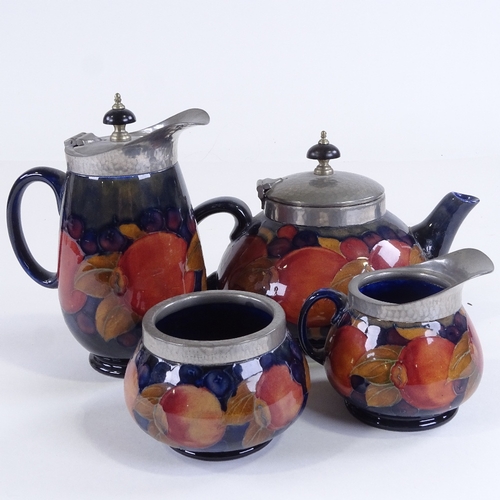 420 - MOORCROFT POTTERY - pomegranate pattern 4-piece tea set with hammered pewter mounts